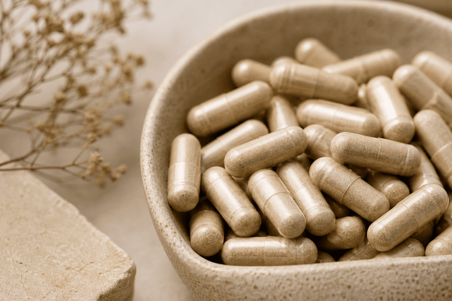 Herbal capsules in a natural stone bowl