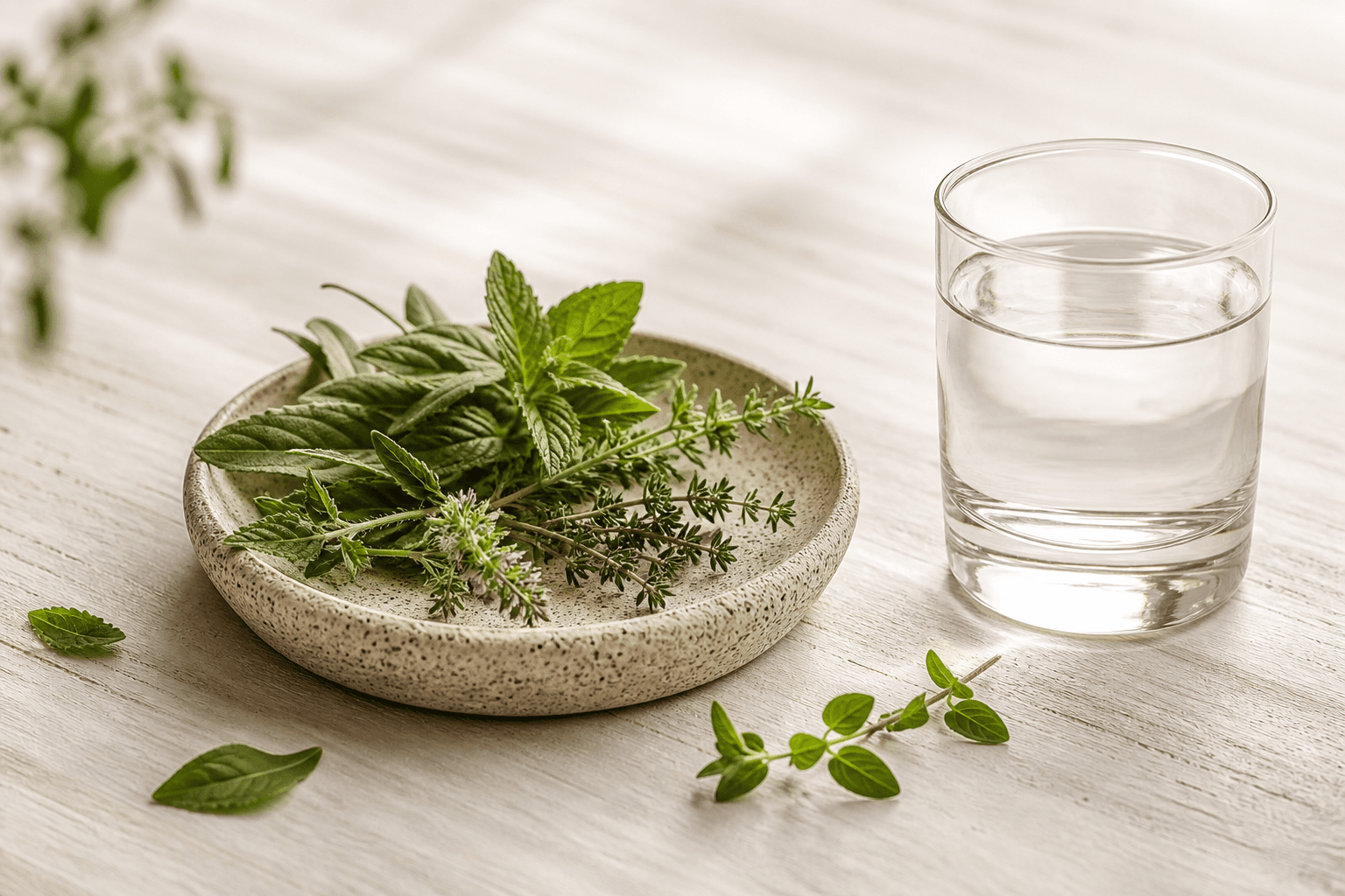Fresh botanical herbs beside a glass of water